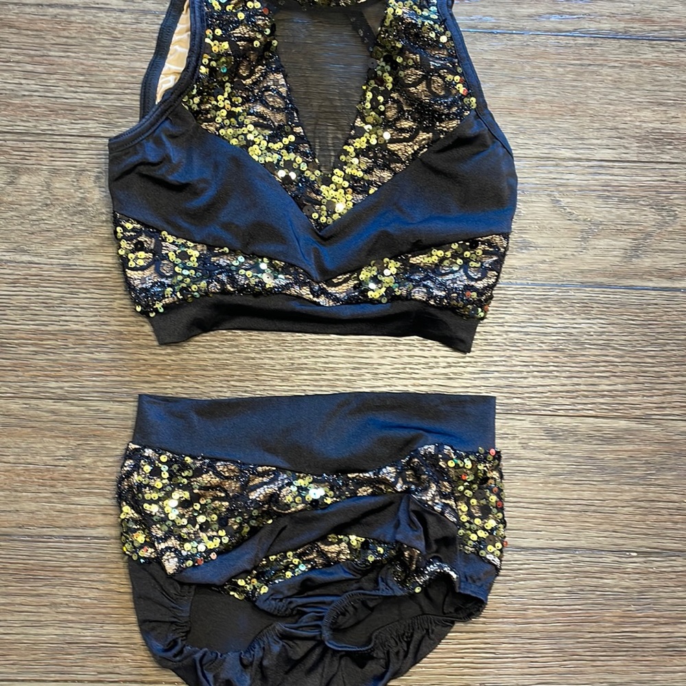 2 piece black and gold sequined dance costume